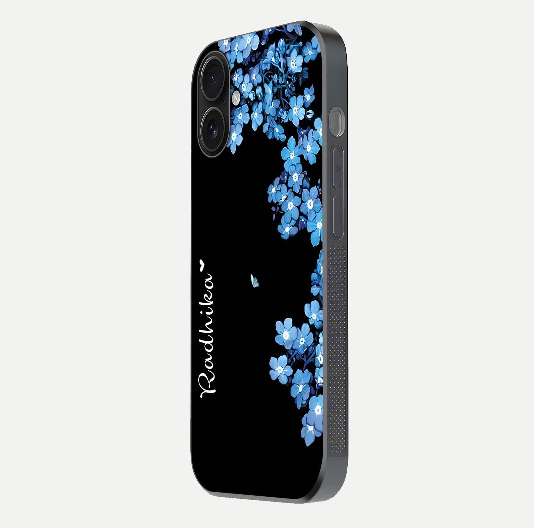 Blue Petal Dream Custom Name Glass Case for iPhone 16 side-angle image showing name print clarity and smooth gloss