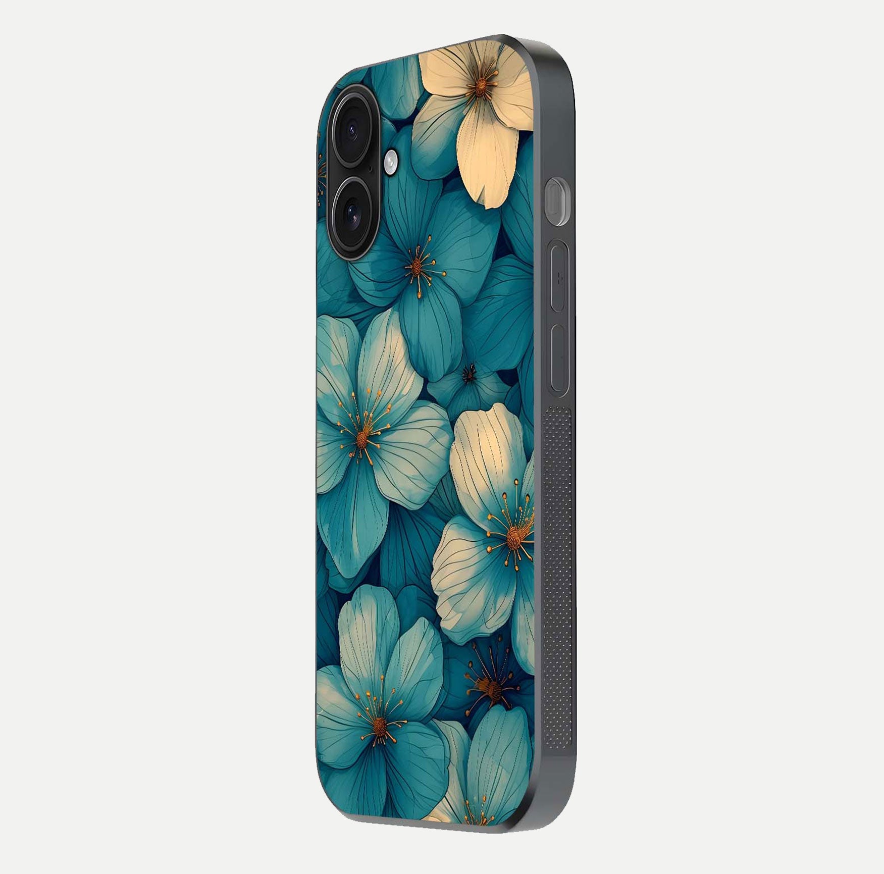 Blue Shade Floral Glass Case for iPhone 16 side-angle photo showing detailed floral hues and curved glass shine