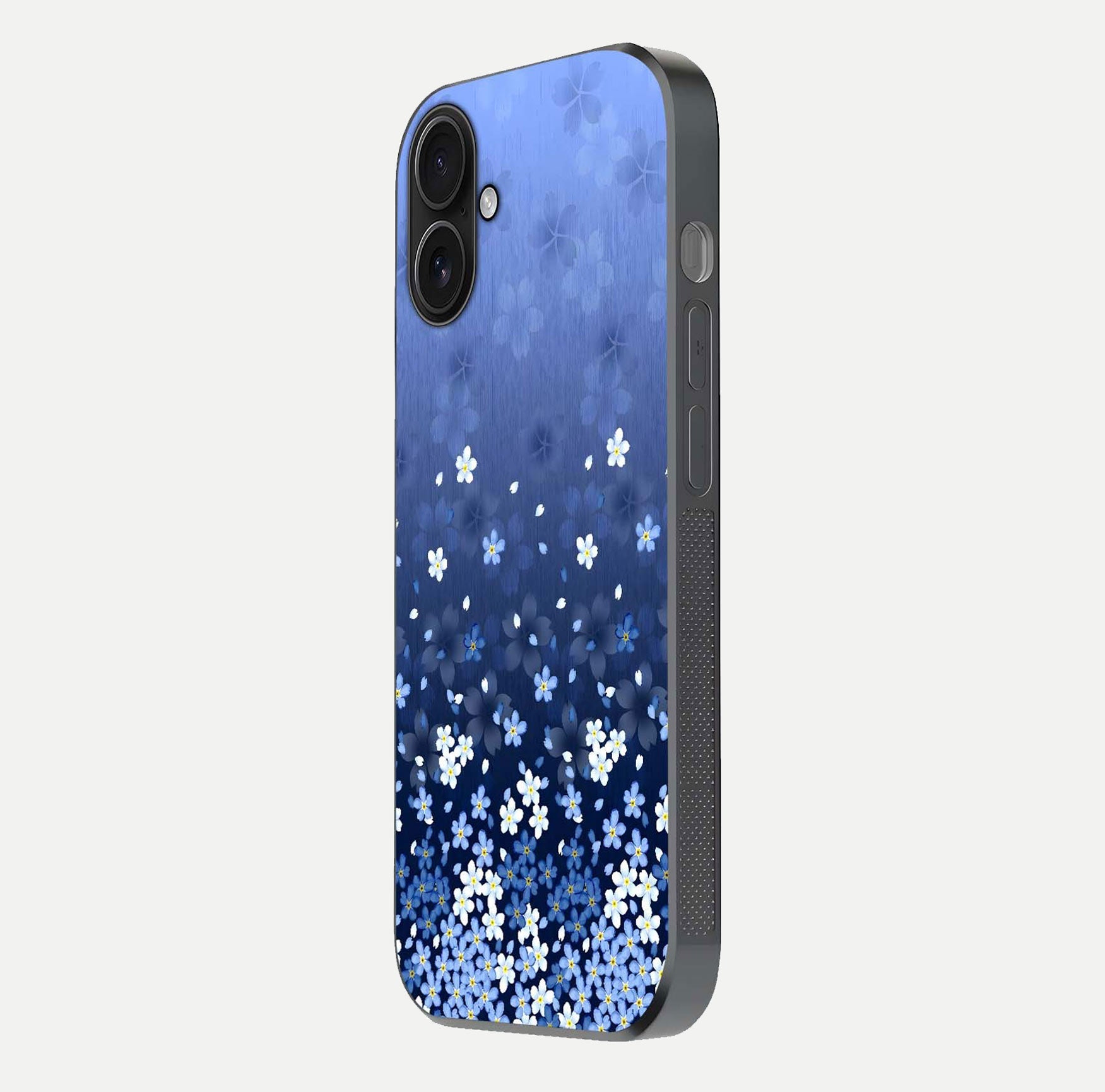 Blue Starry Glass Case for iPhone 16 side-angle photo showing light reflection and detailed star pattern