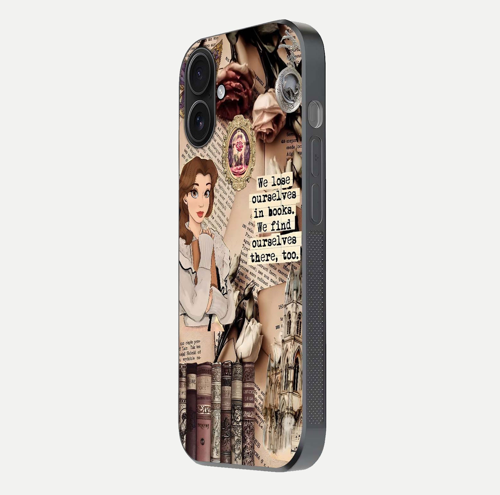 Bookish Dream World Glass Case for iPhone 16 side-angle image showing detail depth and smooth corner polish