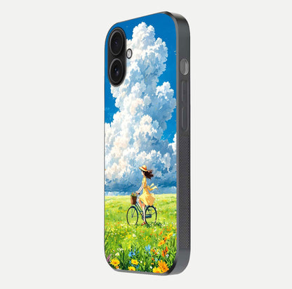 Breezy Meadow Ride Glass Case for iPhone 16 side-angle image showing floral details and edge glow