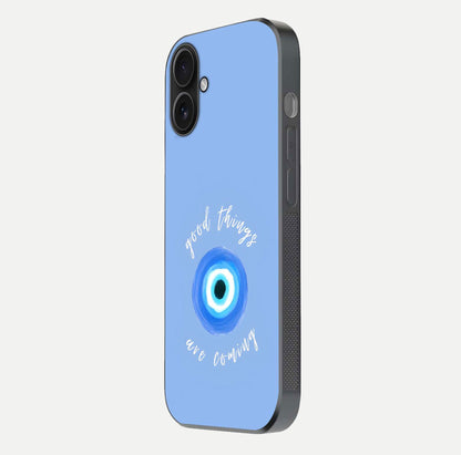 Bright Future Ahead Glass Case for iPhone 16 side-angle image displaying edge smoothness and reflective surface