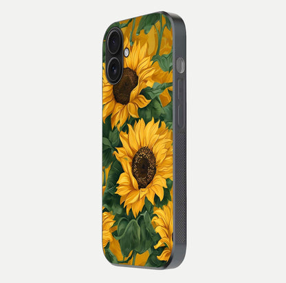Bright Sunflower Bloom Glass Case for iPhone 16 side-angle image showing shine texture and detailed bloom