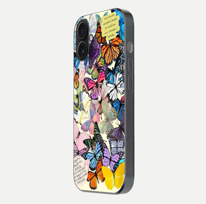 Butterflies Petal Dream Glass Case for iPhone 16 side-angle shot showing butterfly motion and curved edges