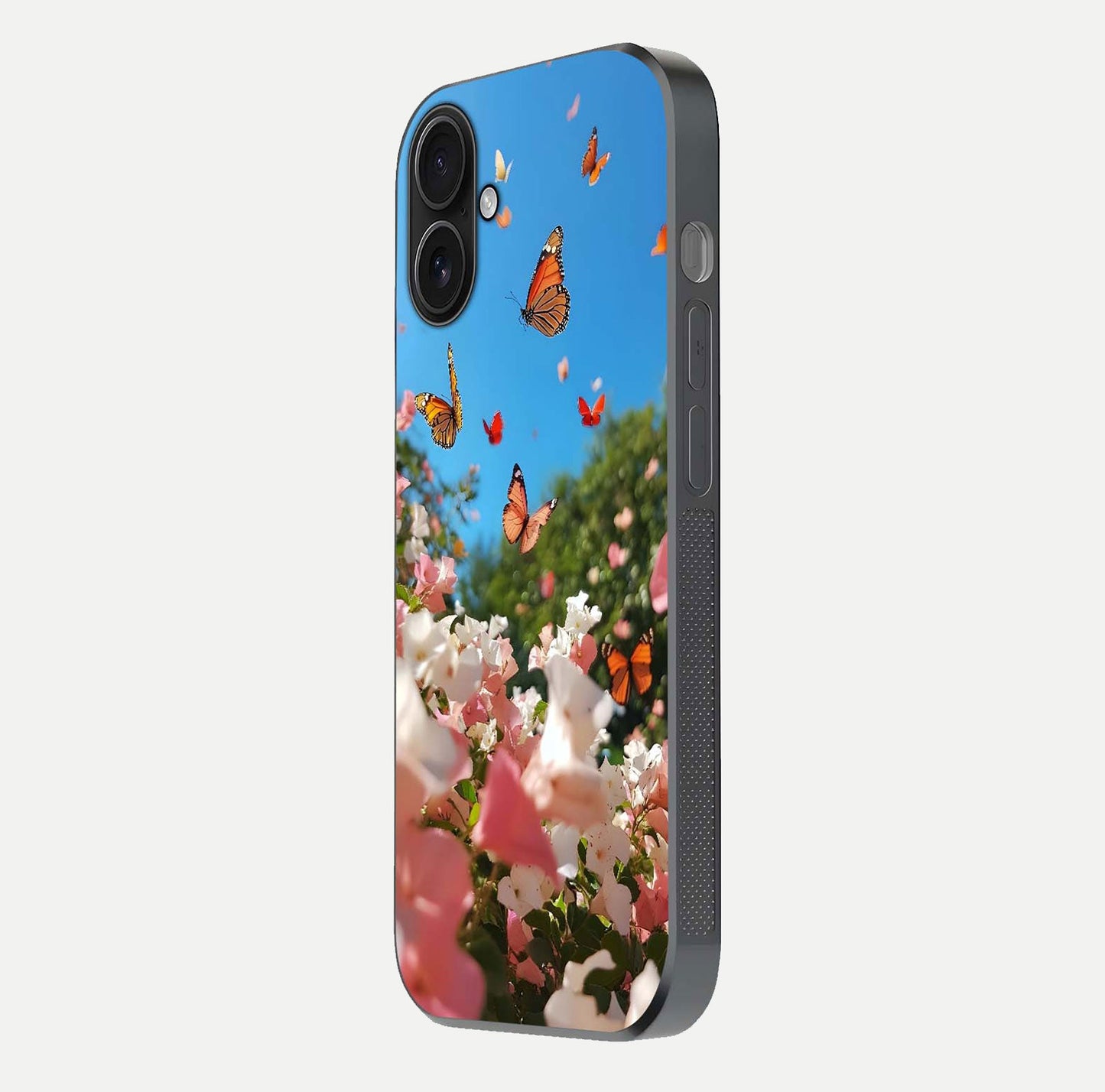 Butterflies in Bloom Sky Glass Case for iPhone 16 side-angle image showing delicate details and gloss polish