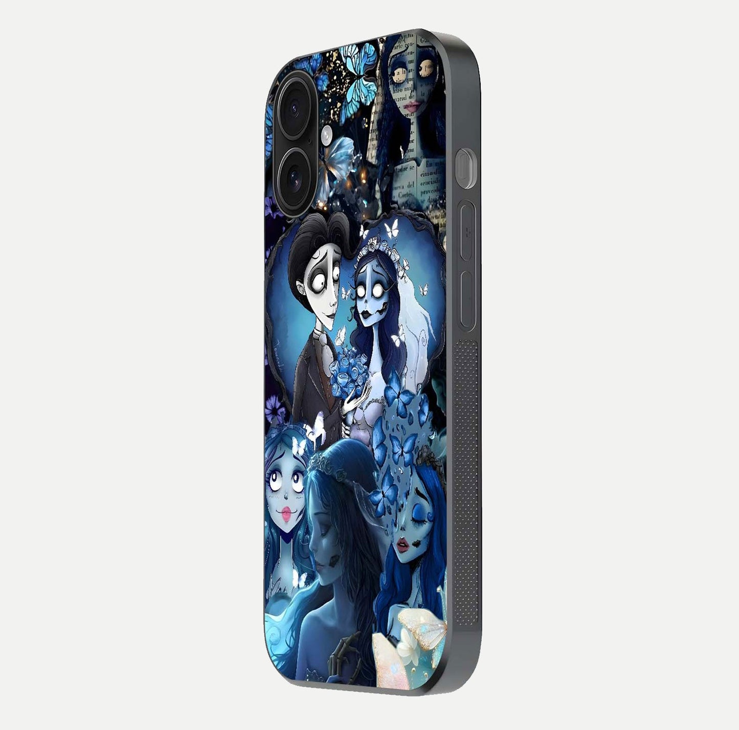 Butterfly Ghost Soul Glass Case for iPhone 16 side-angle image capturing edge light and deep design tones