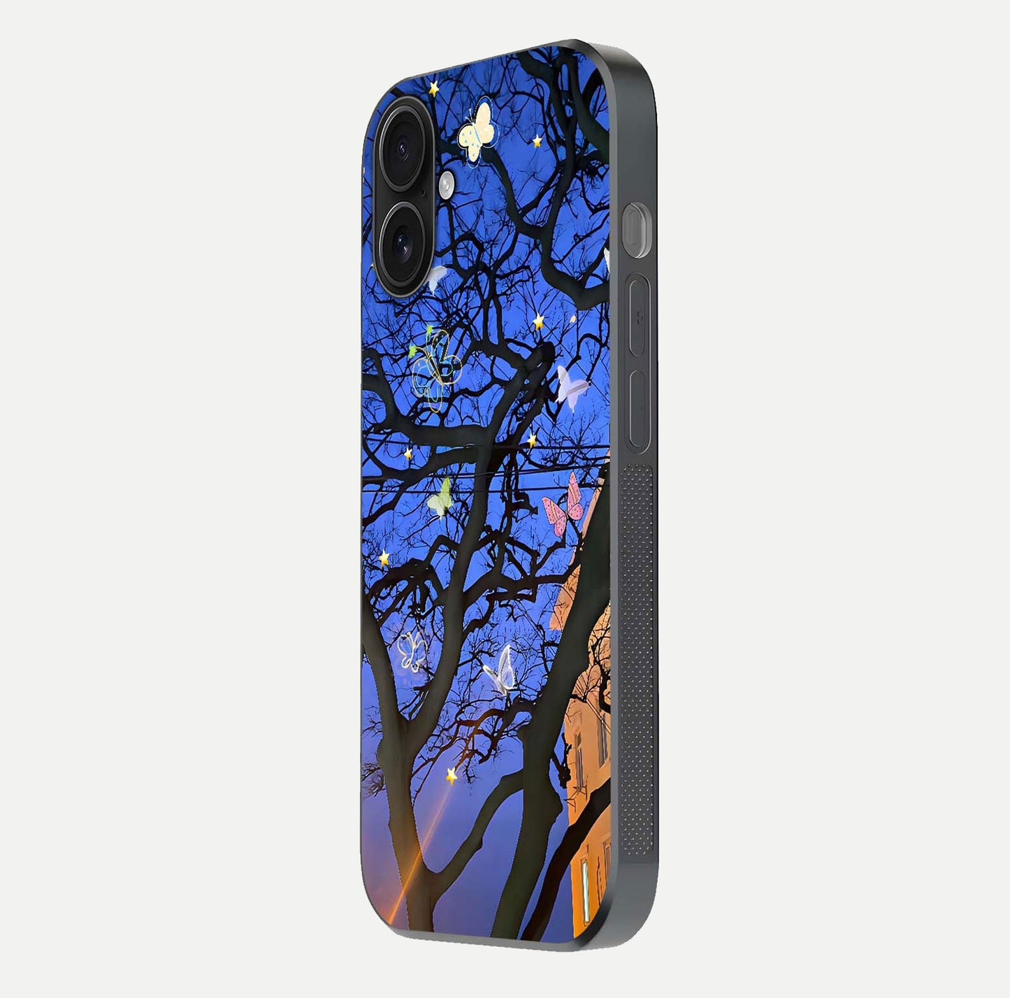 Butterfly Night Magic Glass Case for iPhone 16 side-angle view capturing butterfly contrast and glossy depth