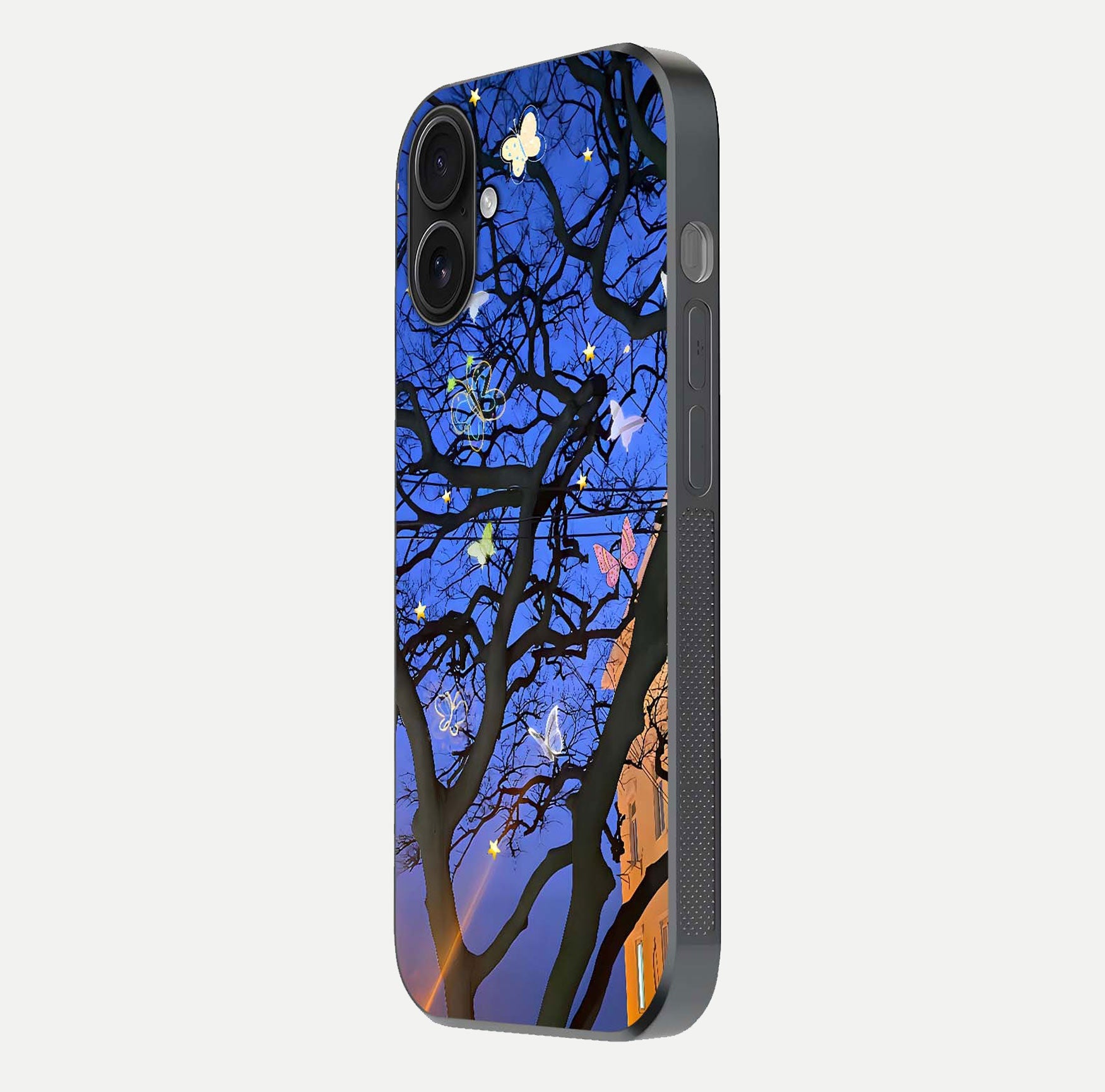 Butterfly Night Magic Glass Case for iPhone 16 side-angle view capturing butterfly contrast and glossy depth