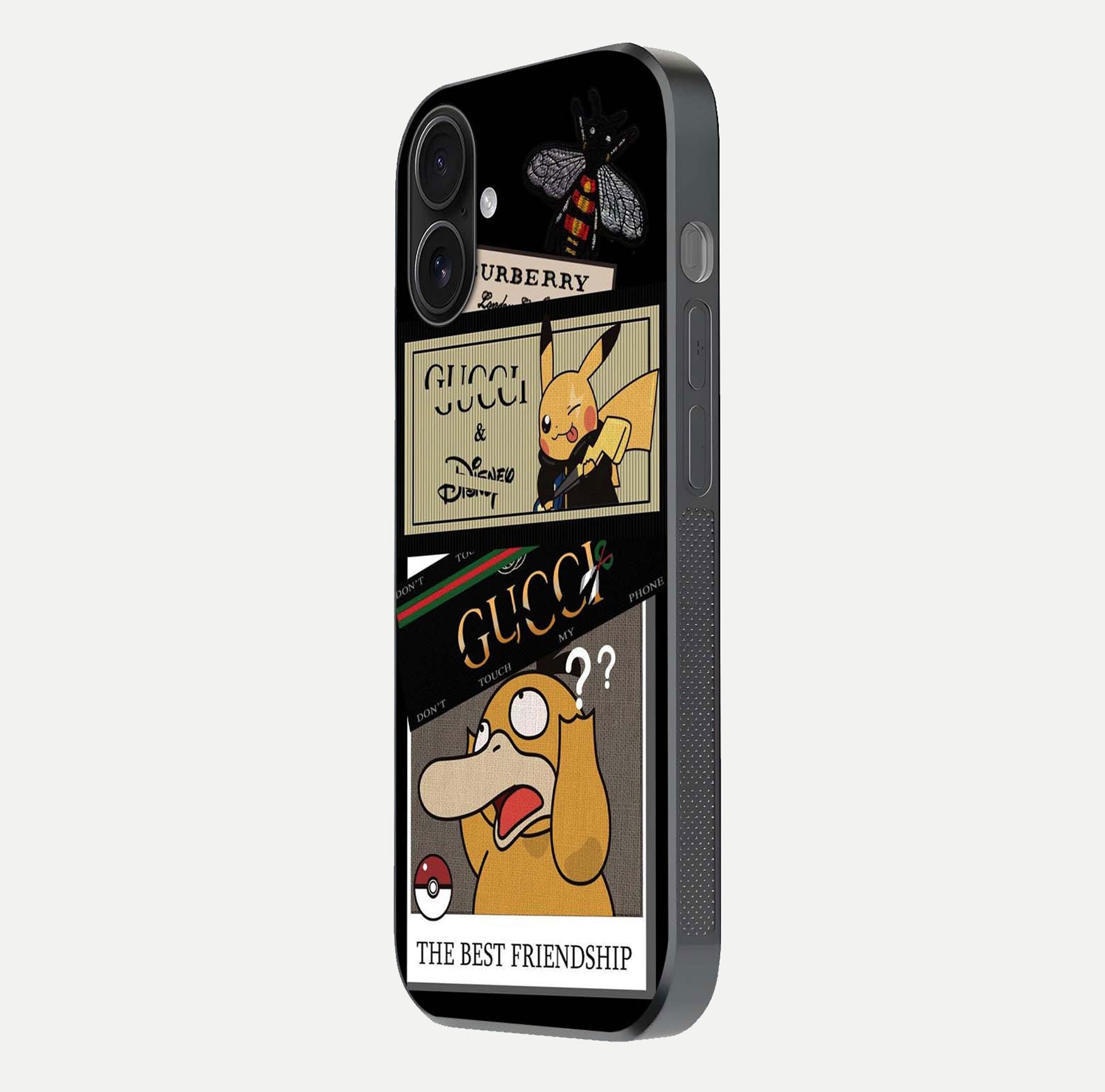 Cartoon Brand Play Mashup Glass Case for iPhone 16 side-angle image showing reflection brightness and fun graphic mix