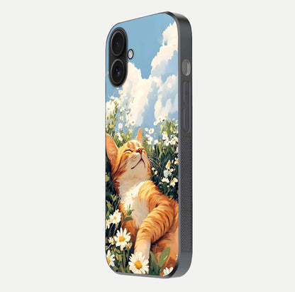 Cat & Flowers View Glass Case for iPhone 16 side-angle image capturing cat print clarity and gloss tone