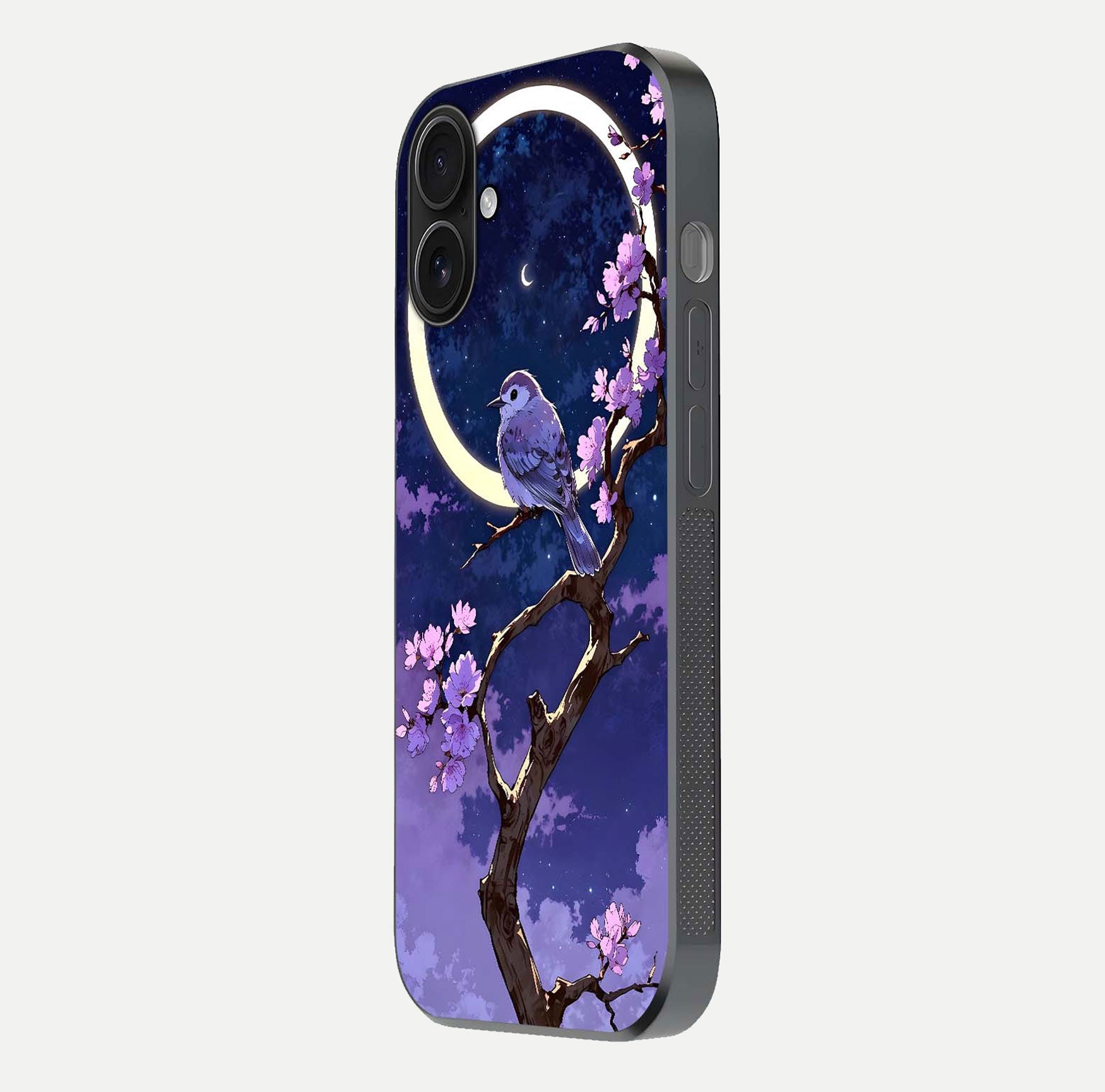 Celestial Bird Blossom Glass Case for iPhone 16 side-angle image showing detailed wings and glossy polish