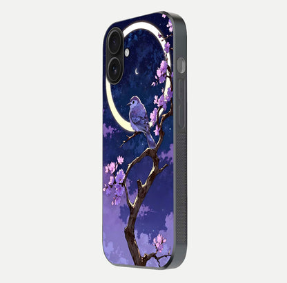 Celestial Bird Blossom Glass Case for iPhone 16 side-angle image showing detailed wings and glossy polish