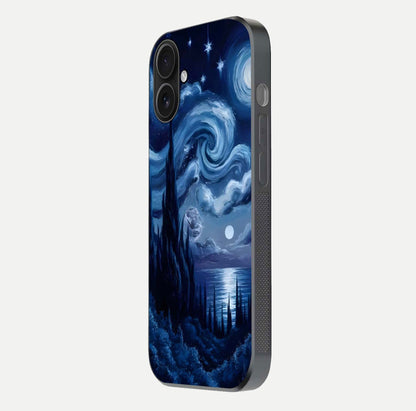 Celestial Dream Van Gogh Glass Case for iPhone 16 side-angle photo showing depth swirl design and curved reflection