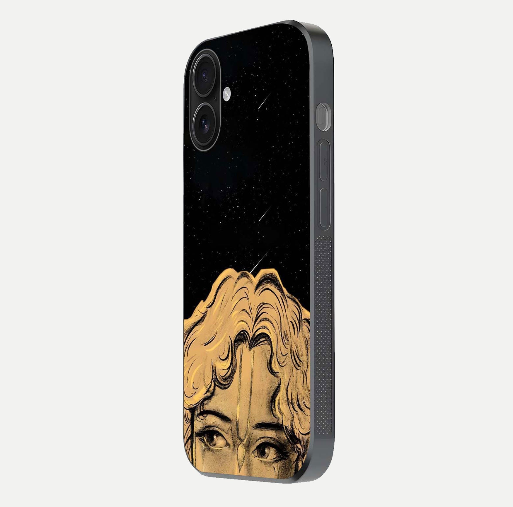 Celestial God’s Plan Glass Case for iPhone 16 side-angle image showing gloss, camera frame, and cosmic tones