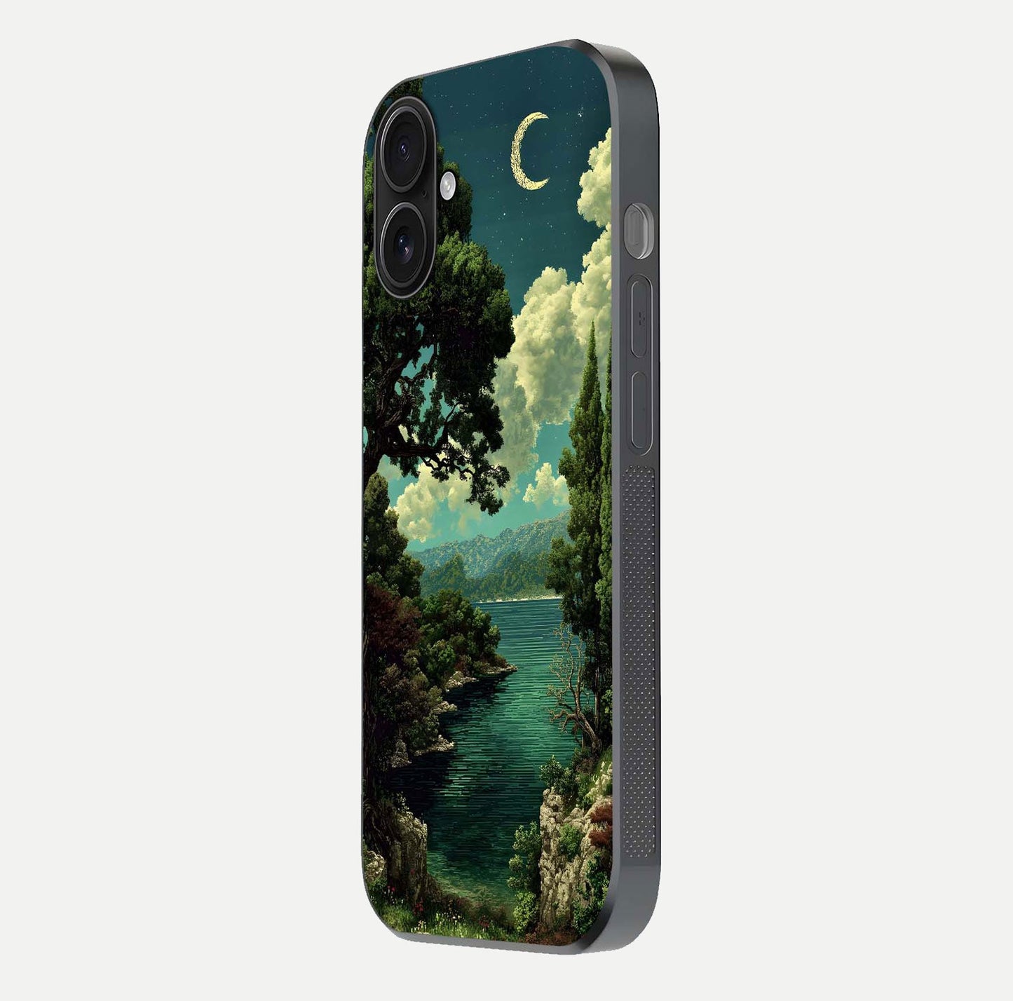 Celestial Lake Peace Glass Case for iPhone 16 side-angle image displaying reflective glow and gentle edges