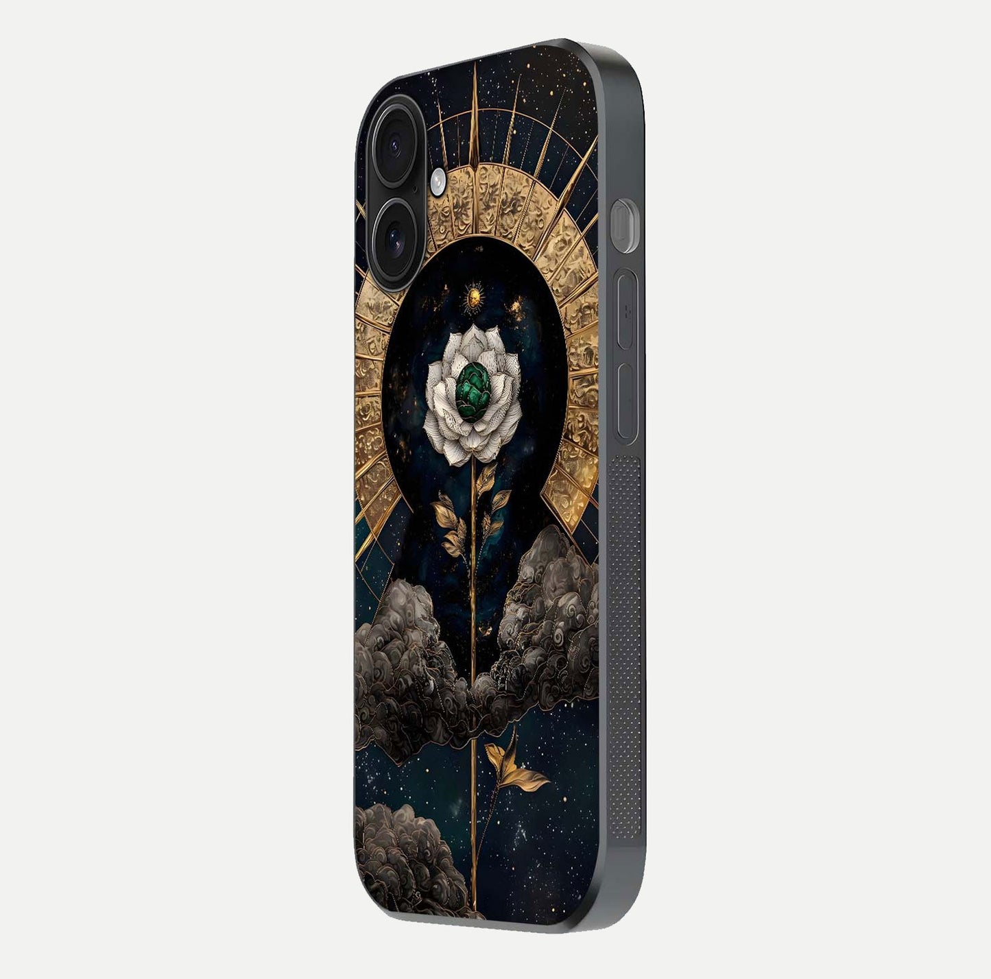 Celestial Lotus Morang Glass Case for iPhone 16 side-angle image capturing shine and smooth curvature