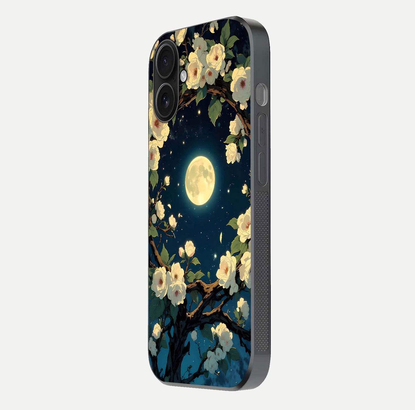 Celestial Moon & Flower Glass Case for iPhone 16 side-angle image showing edge smoothness and glow reflection