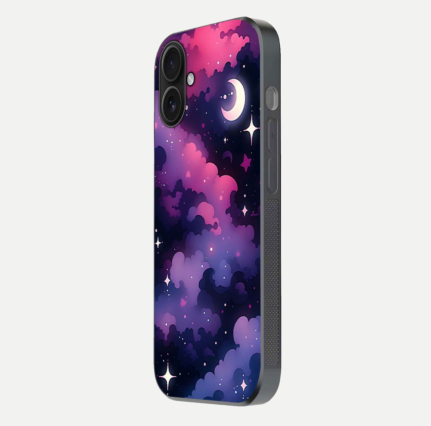 Celestial Moon Magic Glass Case for iPhone 16 side-angle shot capturing soft reflection and curved gloss