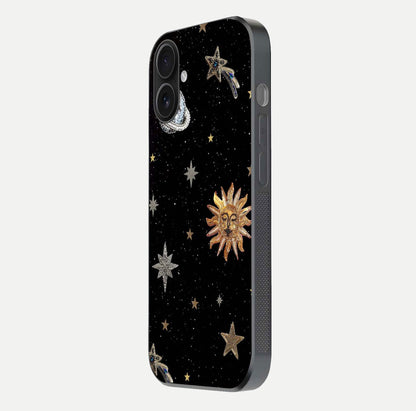 Celestial Moon With Stars Glass Case for iPhone 16 side-angle view showing curved edges and shimmer glow