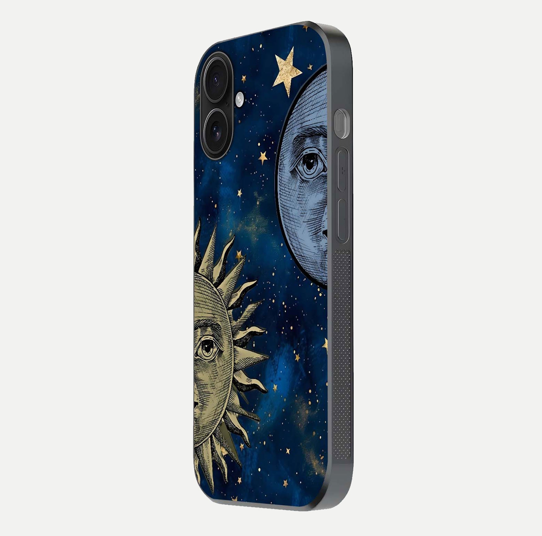 Celestial Moon With Sun Glass Case for iPhone 16 side-angle image showing reflection tones and cosmic edge