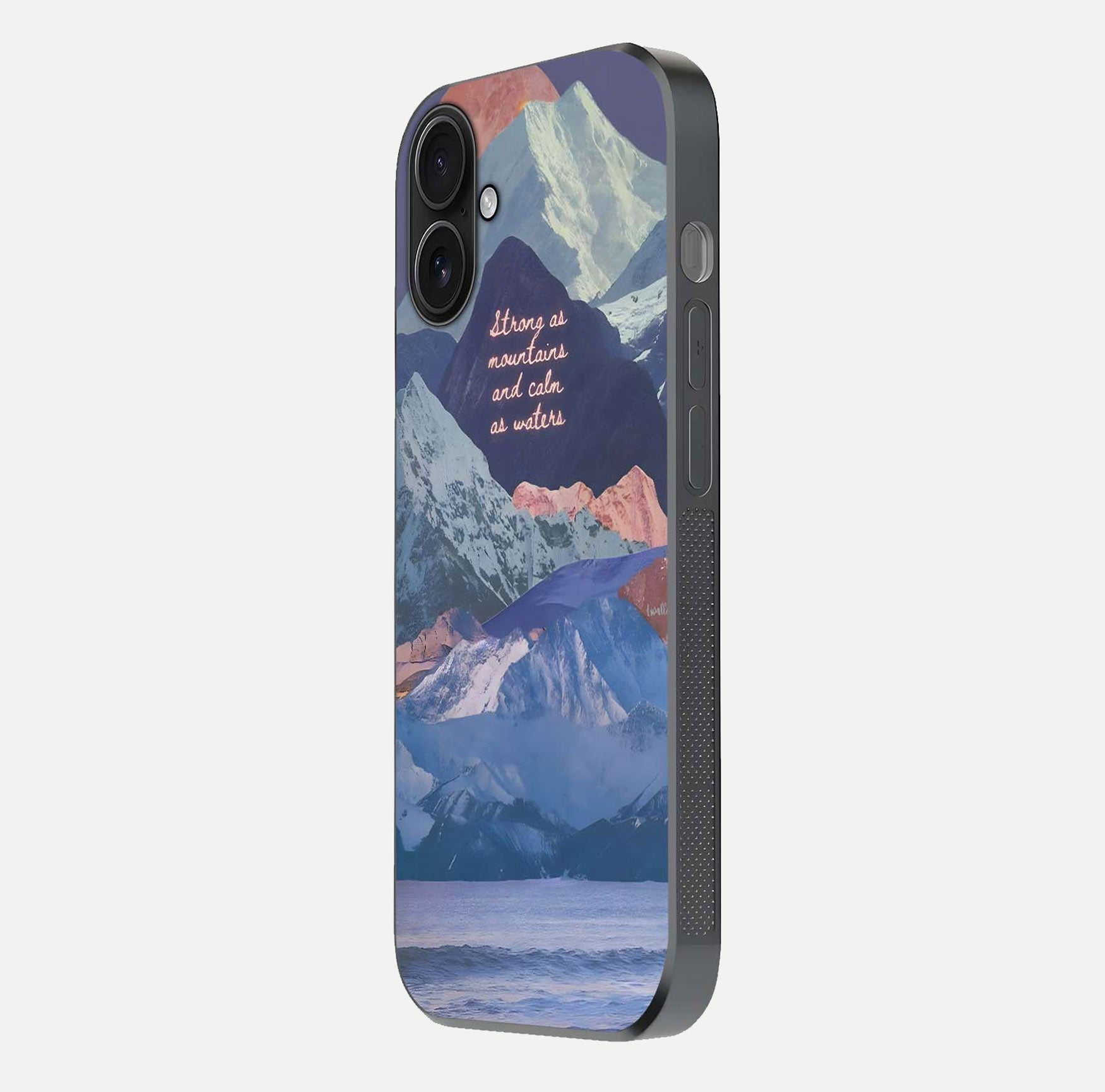 Celestial Mountain Calm Glass Case for iPhone 16 side-angle image capturing mountain detail and shine gradient