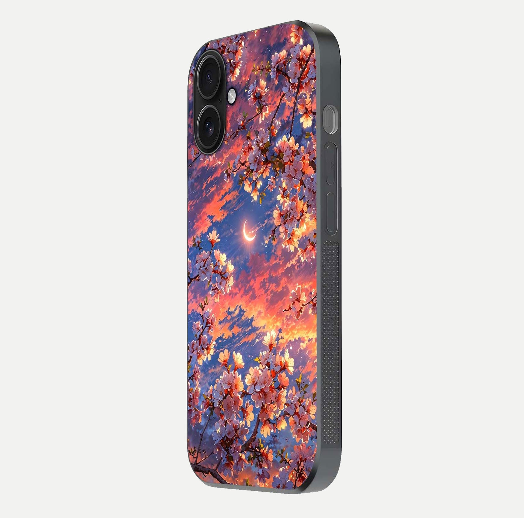 Celestial Sakura Sunset Glass Case for iPhone 16 side-angle image showing edge glow and petal texture