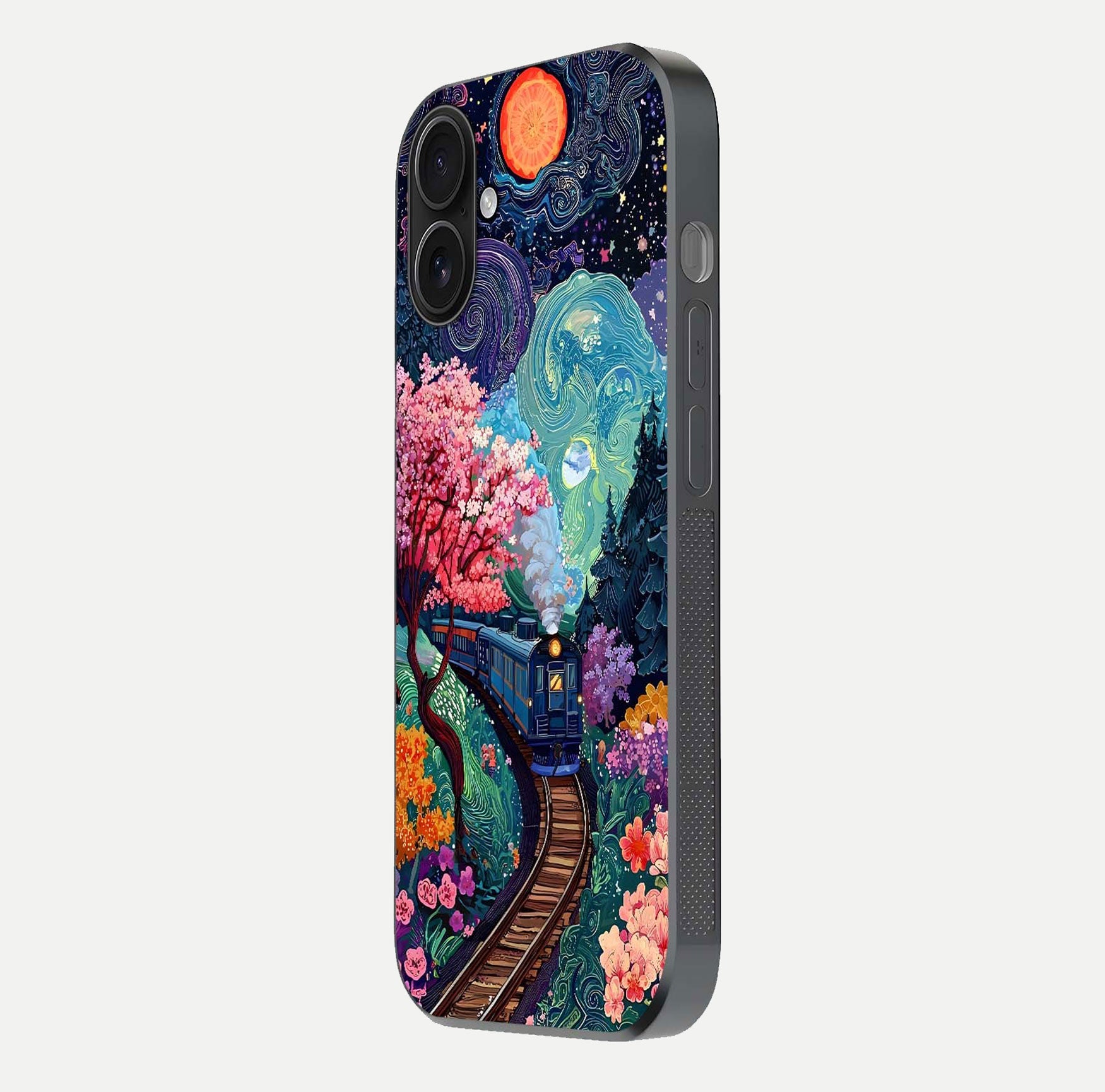 Celestial Train Journey Glass Case for iPhone 16 side-angle image showing polished curve and HD print detail