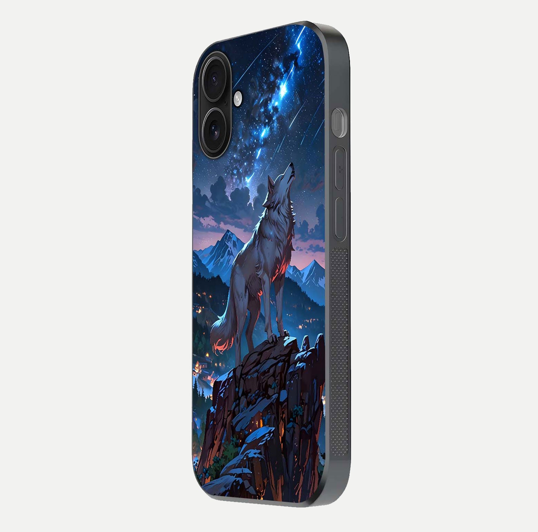 Celestial Wolf Howl Glass Case for iPhone 16 side-angle image showing curve polish and moon glow