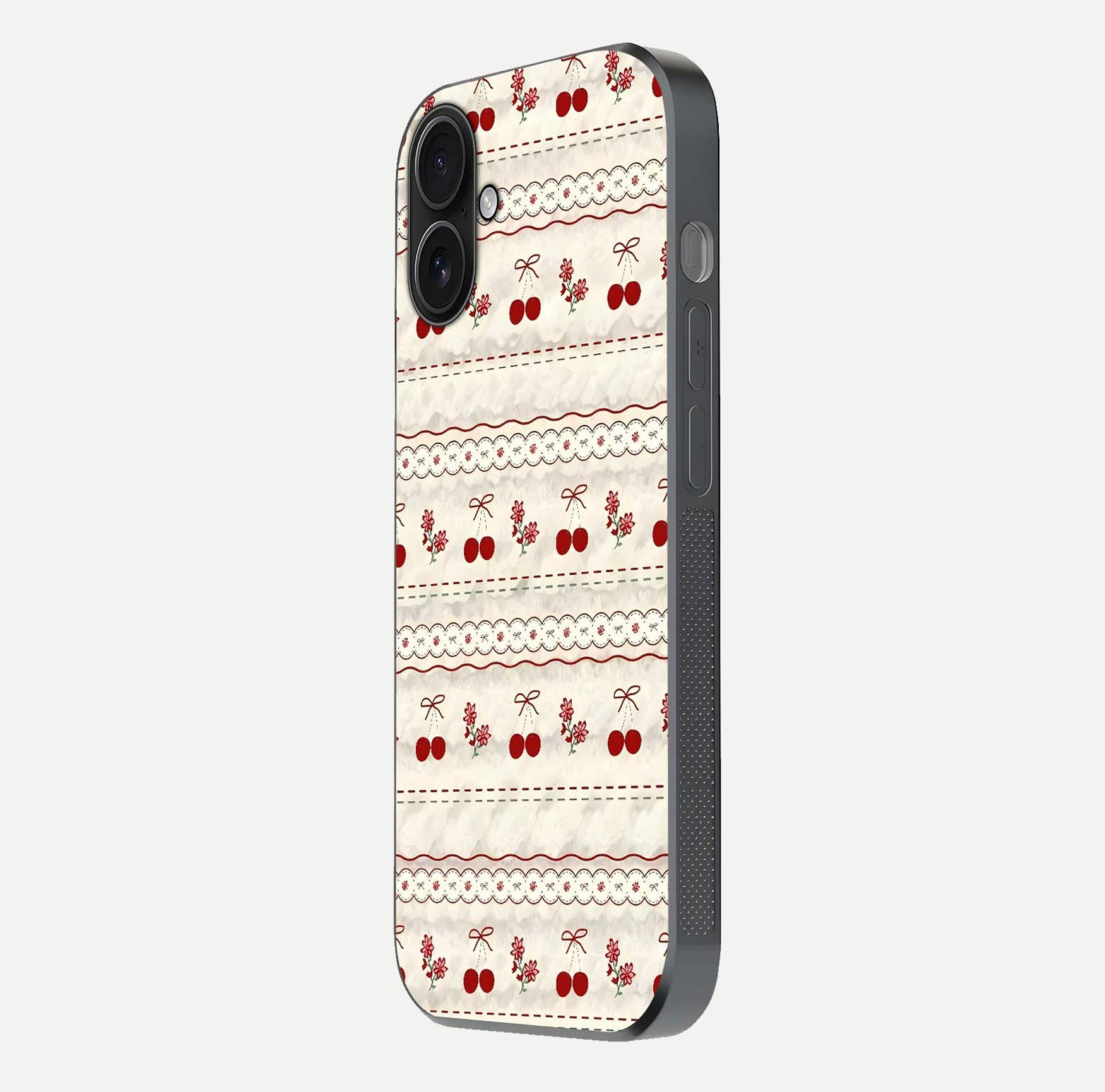 Cherry Bloom Charm Glass Case for iPhone 16 side-angle photo showing flower detail and edge light