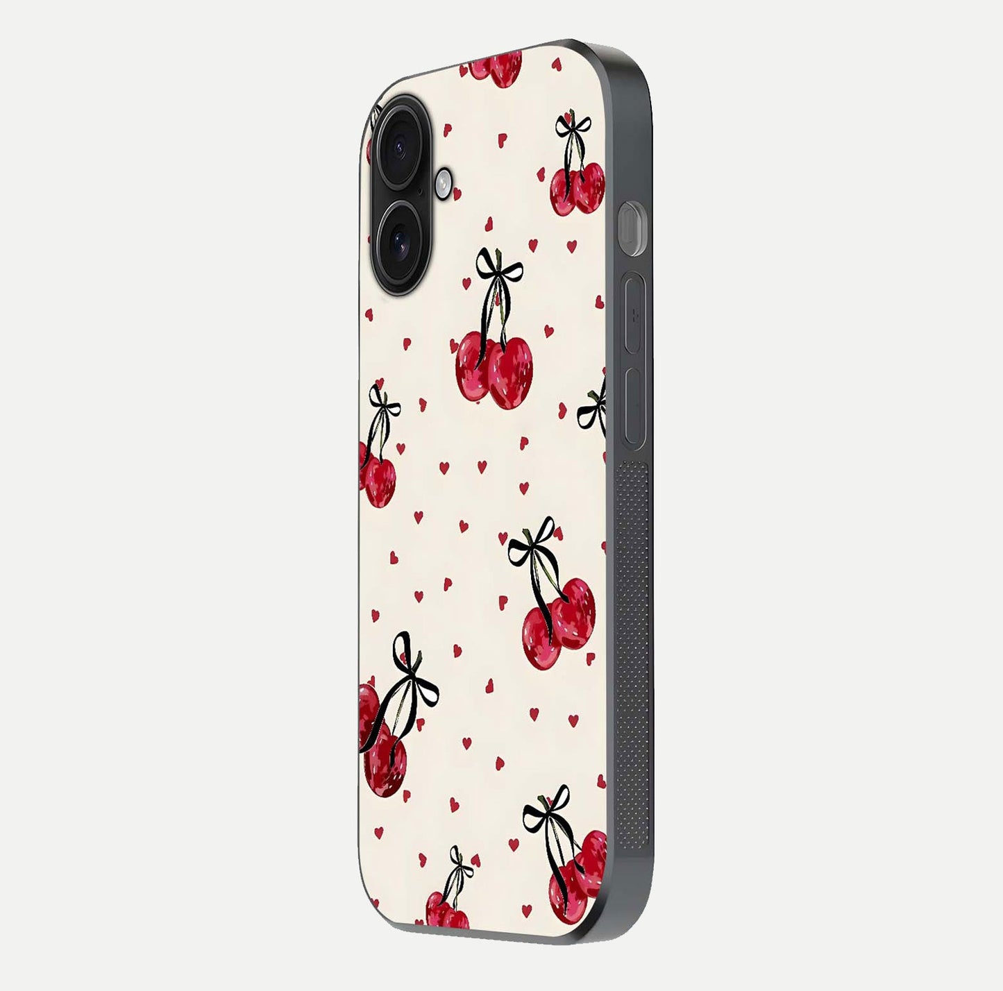 Cherry Heart Bow Glass Case for iPhone 16 side-angle image capturing gloss texture and charm bow art