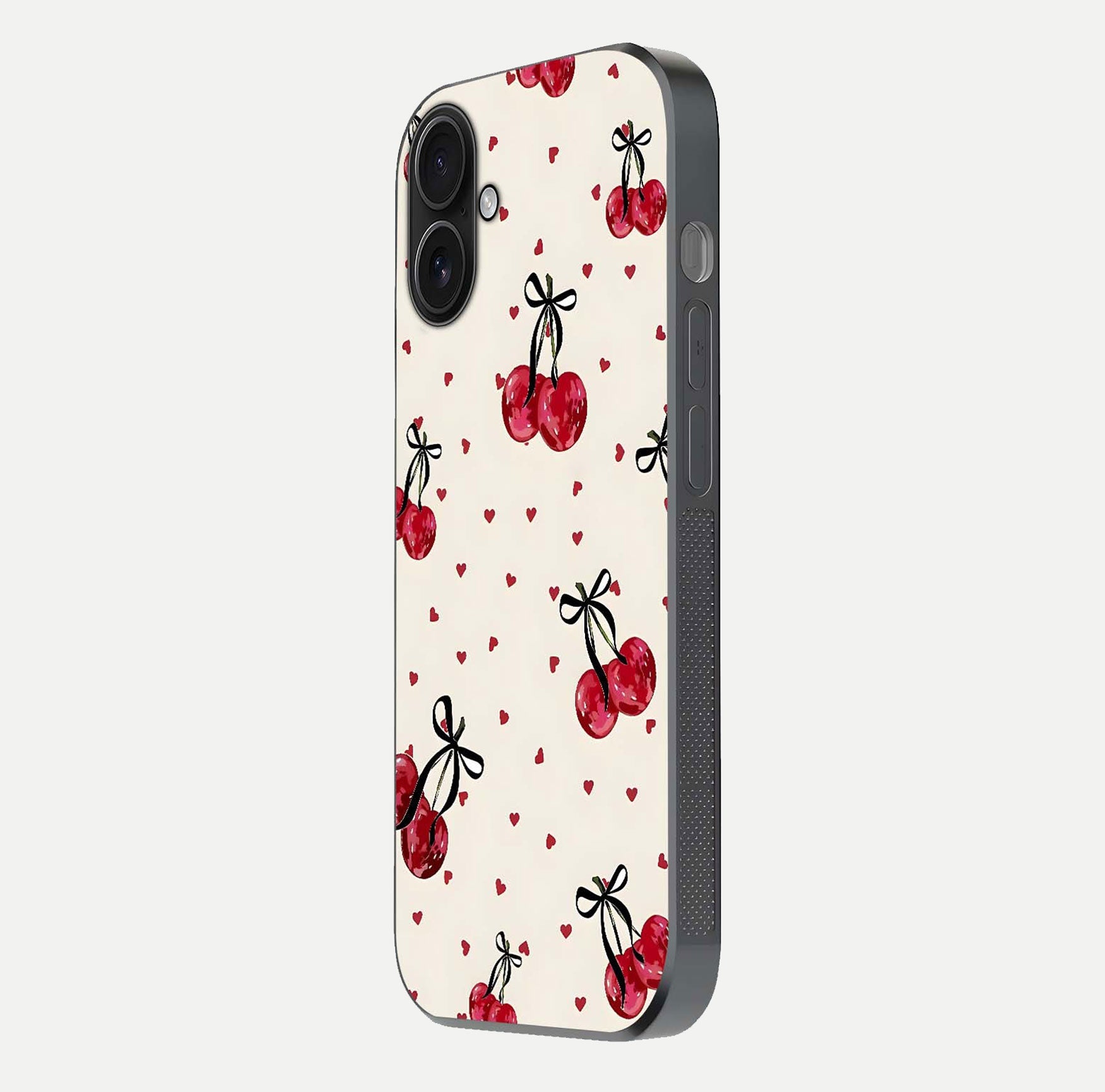 Cherry Heart Bow Glass Case for iPhone 16 side-angle image capturing gloss texture and charm bow art