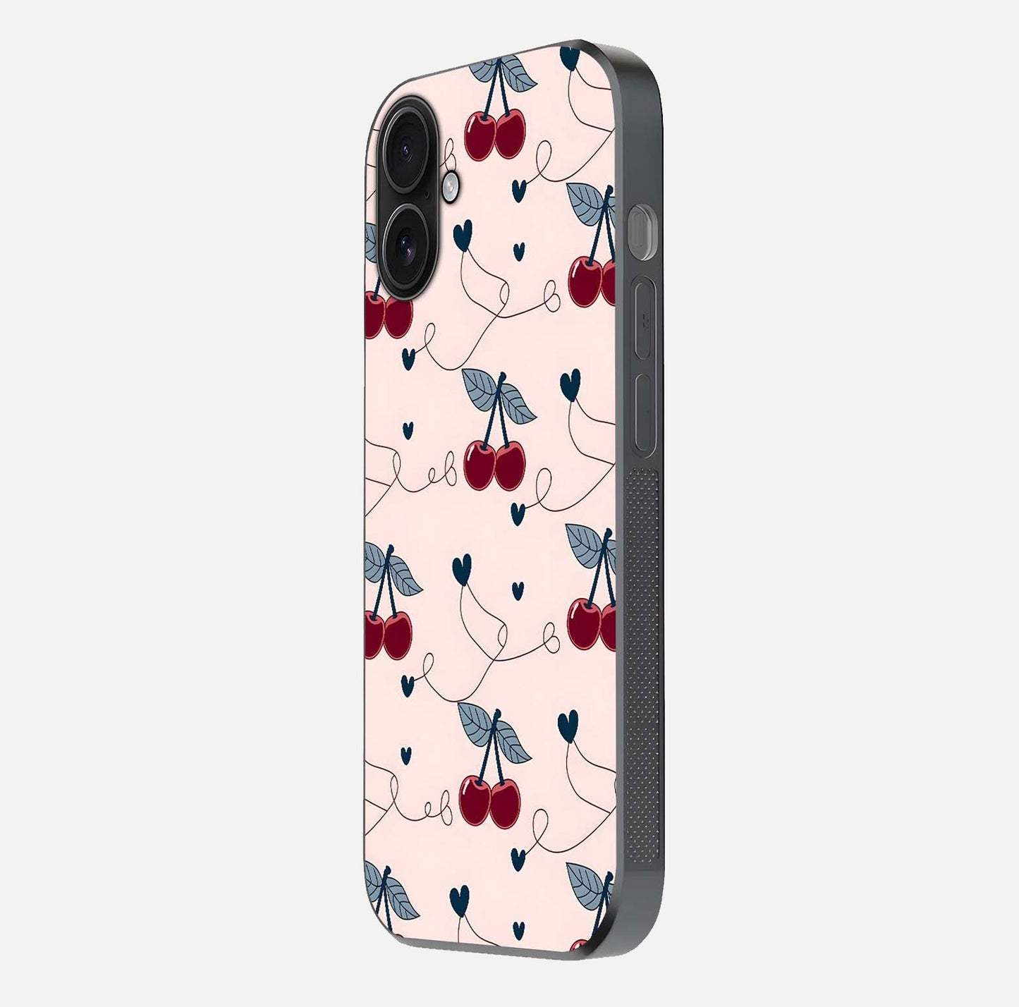 Cherry Heart Line Glass Case for iPhone 16 side-angle view capturing smooth curves and shine effect