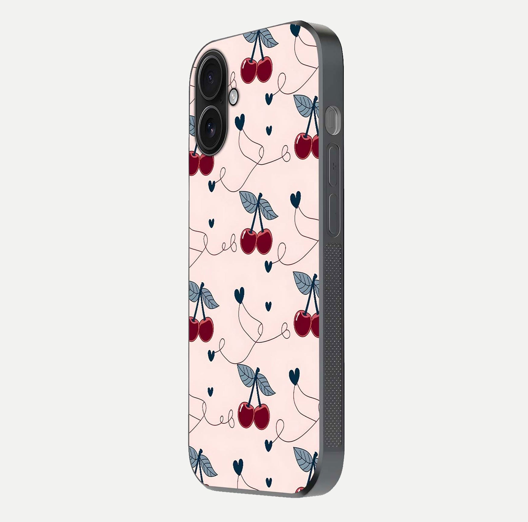 Cherry Heart Line Glass Case for iPhone 16 side-angle view capturing smooth curves and shine effect