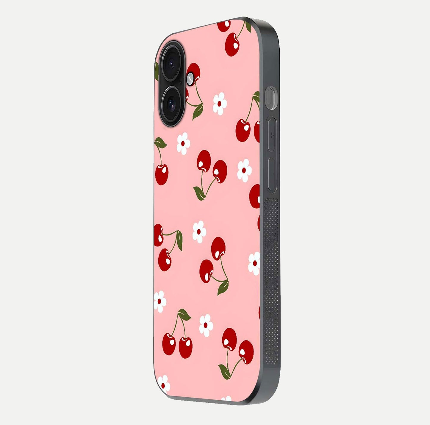 Cherry Love Mood Glass Case for iPhone 16 side-angle image capturing smooth gloss and delicate details
