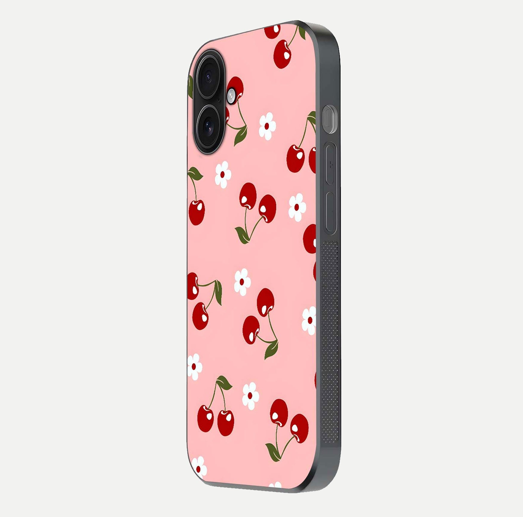 Cherry Love Mood Glass Case for iPhone 16 side-angle image capturing smooth gloss and delicate details