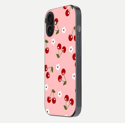 Cherry Love Mood Glass Case for iPhone 16 side-angle image capturing smooth gloss and delicate details