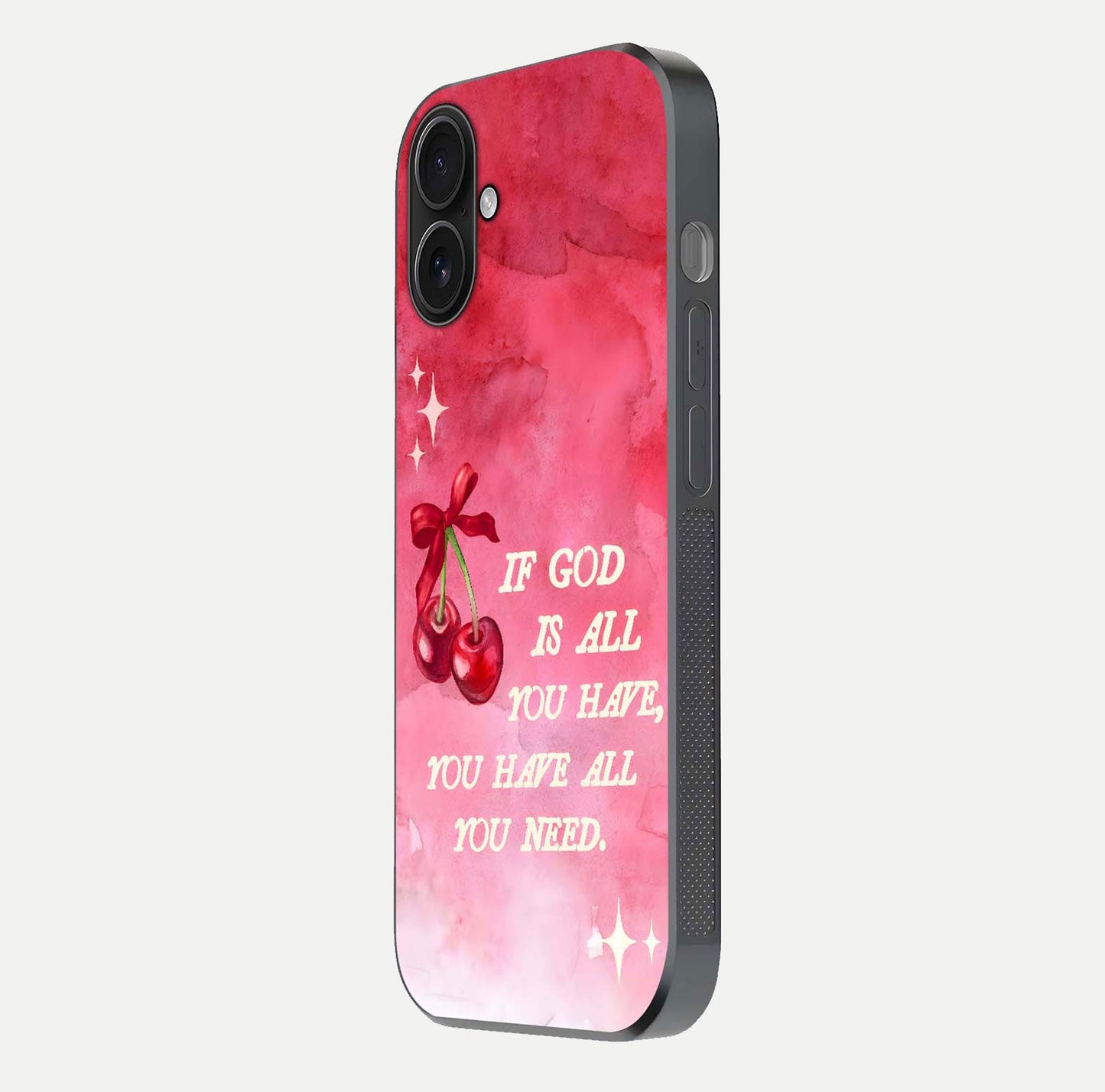 Cherry Quote Glass Case for iPhone 16 side-angle image showing curve glow and glass detail