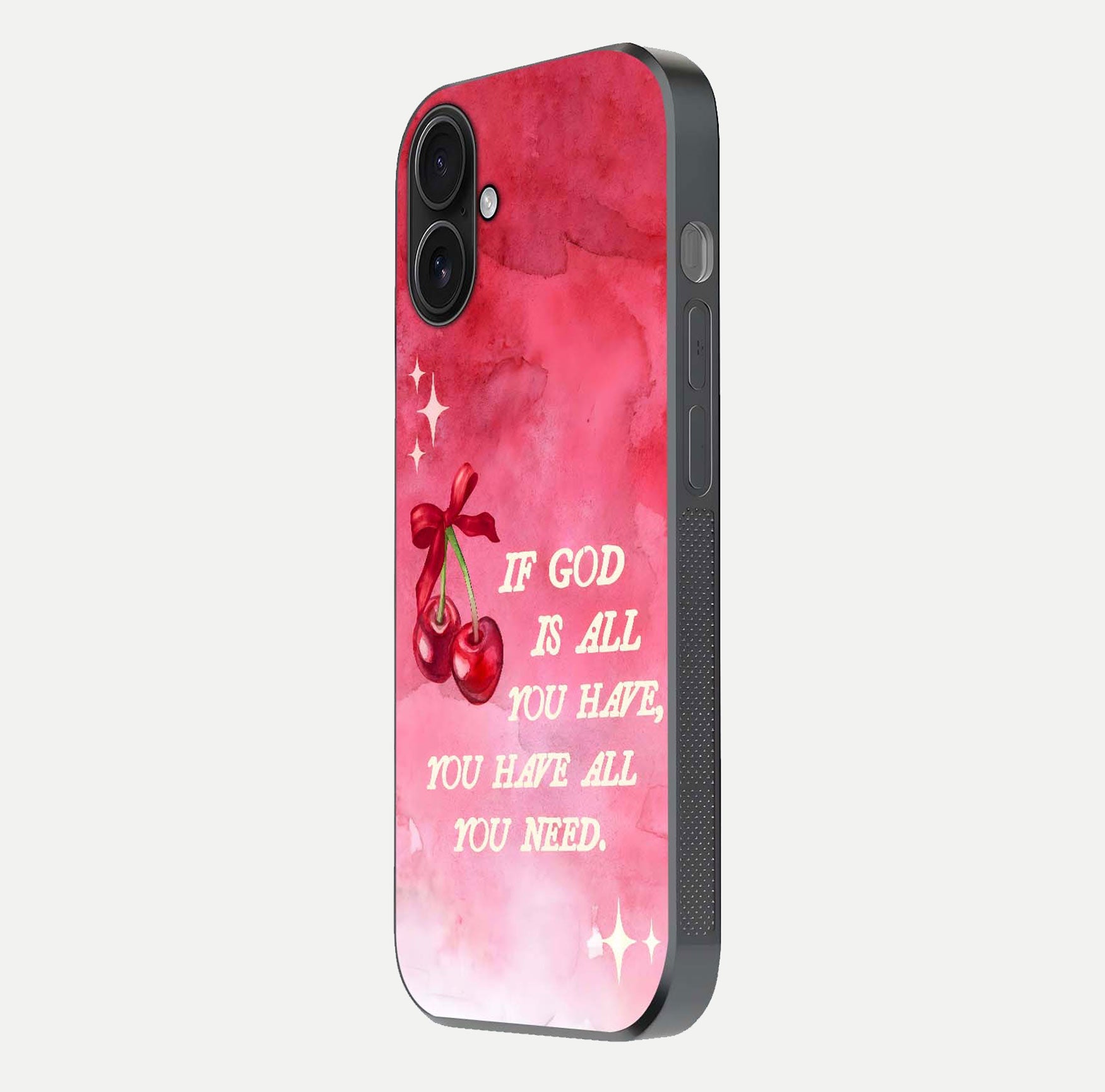 Cherry Quote Glass Case for iPhone 16 side-angle image showing curve glow and glass detail