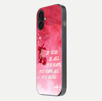 Cherry Quote Glass Case for iPhone 16 side-angle image showing curve glow and glass detail