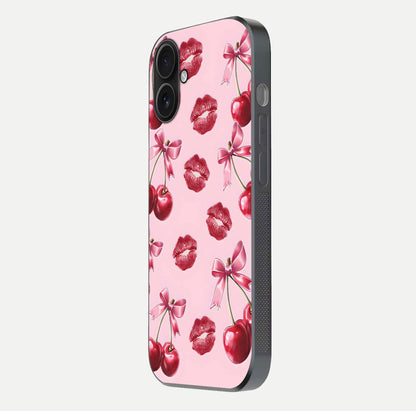 Cherry With Lips Glass Case for iPhone 16 side-angle image showing gloss reflection and fine details