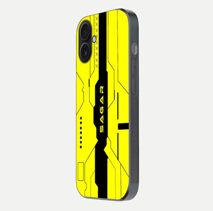 Circuit CYBERPUNK Custom Name Glass Case for iPhone 16 side-angle image showing reflective finish and design precision