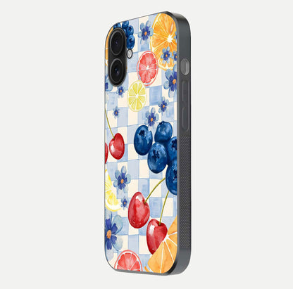 Citrus Bloom Joy Glass Case for iPhone 16 side-angle photo capturing bright color and glass reflection