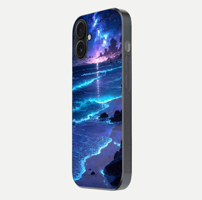 Classic Damn Look Glass Case for iPhone 16 side-angle photo showing shine texture and curve reflection
