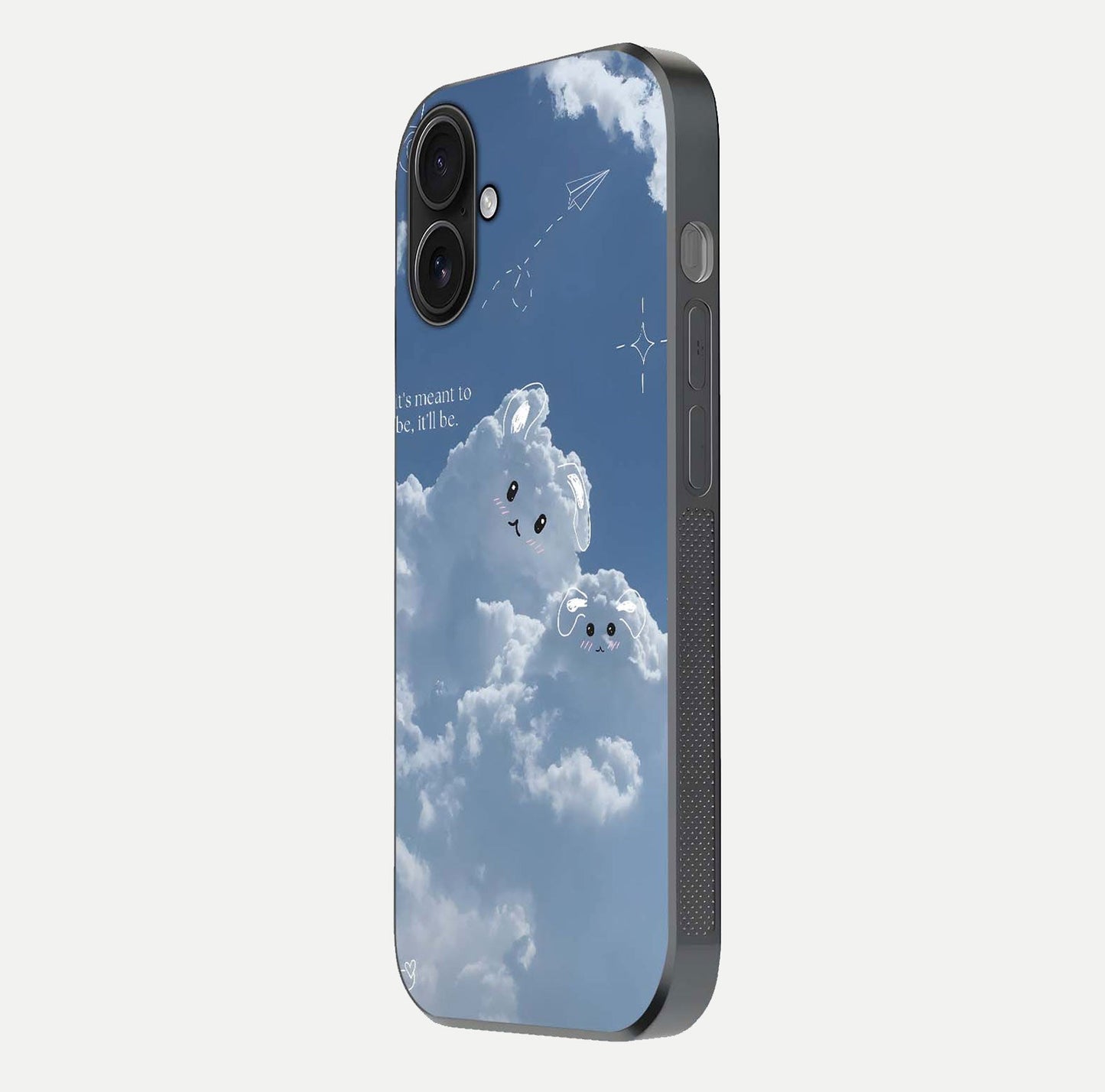 Cloud Bunny Dreams Glass Case for iPhone 16 side-angle image capturing gloss texture and edge glow
