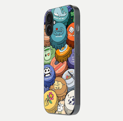 Coins Patterns Glass Case for iPhone 16 side-angle photo capturing shine finish and curve glow