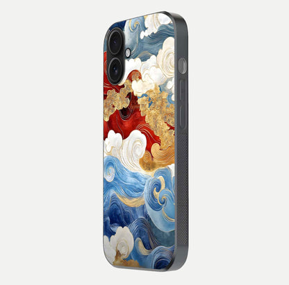 Colored Waves Glass Case for iPhone 16 side-angle image showing light reflection, edge design, and shine