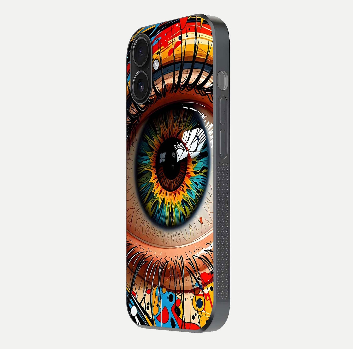 Colorful Eye Glass Case for iPhone 16 side-angle photo showing reflective surface and design detail