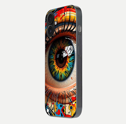 Colorful Eye Glass Case for iPhone 16 side-angle photo showing reflective surface and design detail