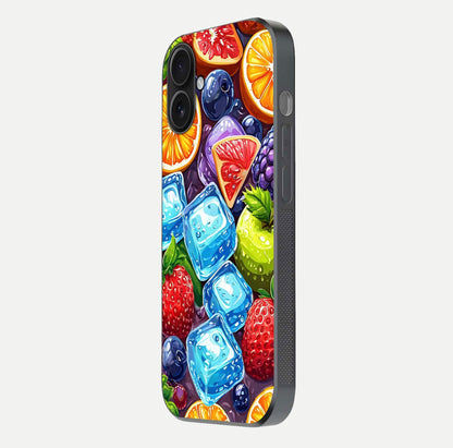 Colorful Fruits with Ice Glass Case for iPhone 16 side-angle photo showing curve gloss and vivid tones