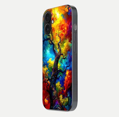 Colorful Tree Glass Case for iPhone 16 side-angle image showing curve reflection and fine print texture